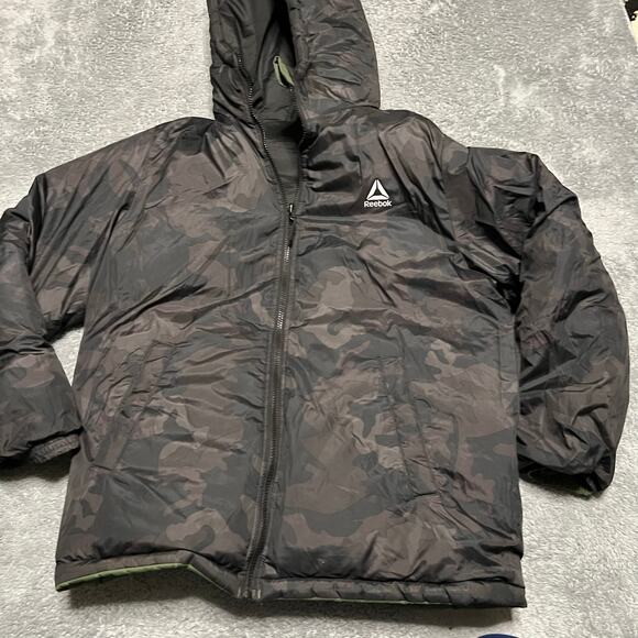 Reebok Coat Mens Medium Reversible Camo Green Hooded Puffer Coat ** - Picture 1 of 10